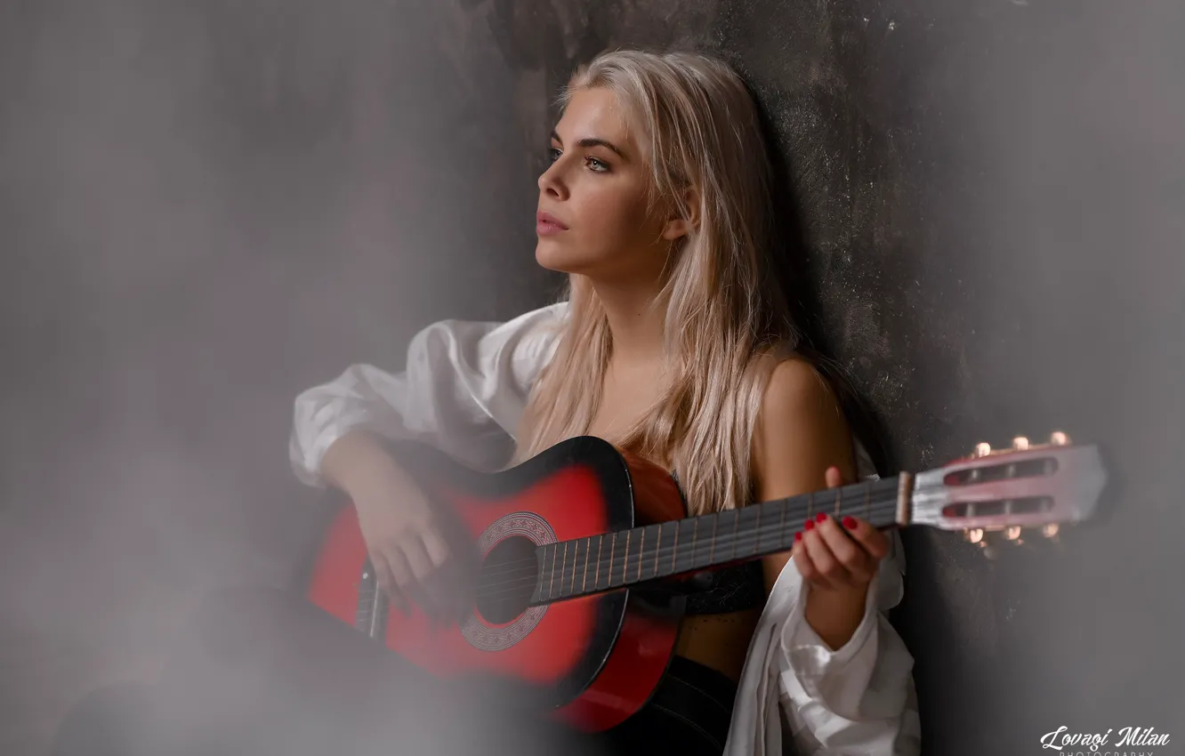 Photo wallpaper girl, wall, mood, guitar, blonde, Knight Of Milan