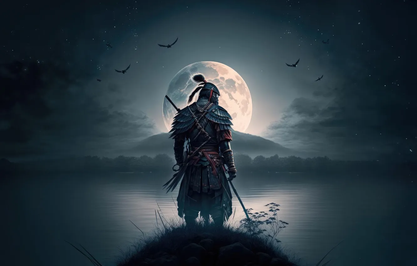 Photo wallpaper moon, night, birds, man, samurai