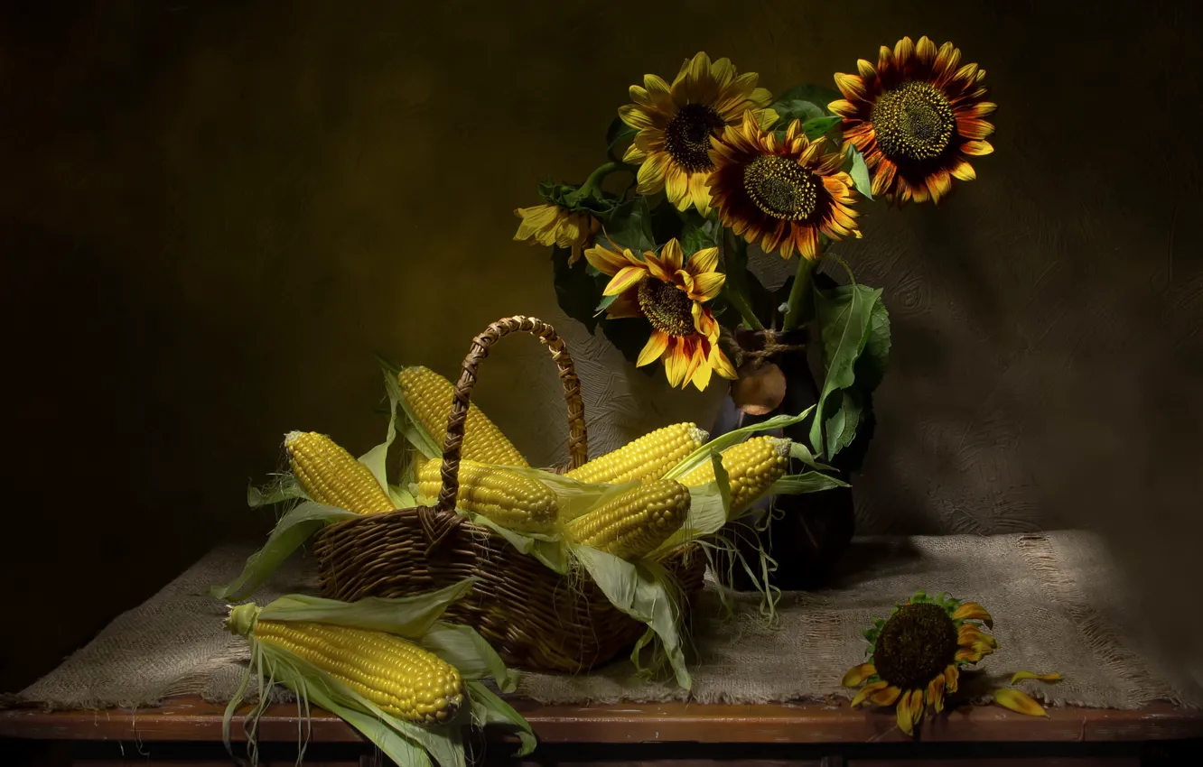 Photo wallpaper sunflowers, flowers, table, bouquet, corn, vase, still life, basket