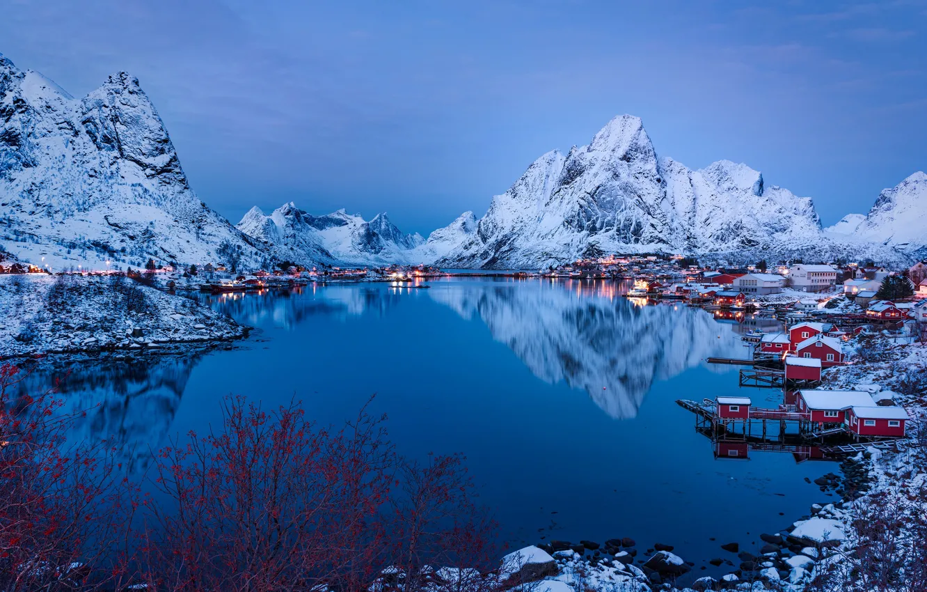 Photo wallpaper winter, the sky, water, snow, mountains, lights, reflection, the evening