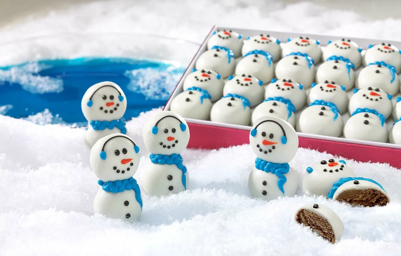 Photo wallpaper winter, snow, holiday, new year, food, Christmas, candy, snowman
