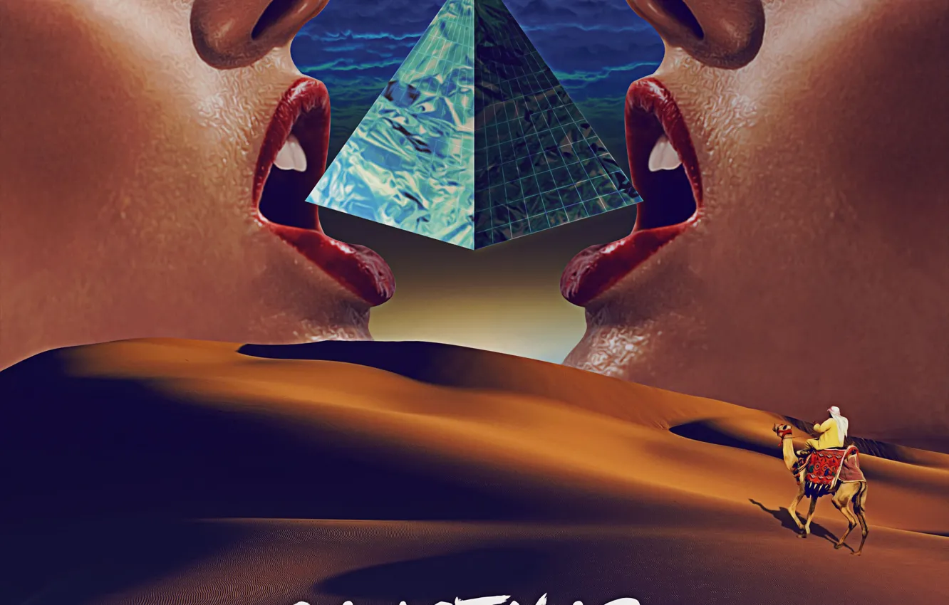 Photo wallpaper the dunes, desert, face, camel, pyramid, rider, sanctuary, synth wave