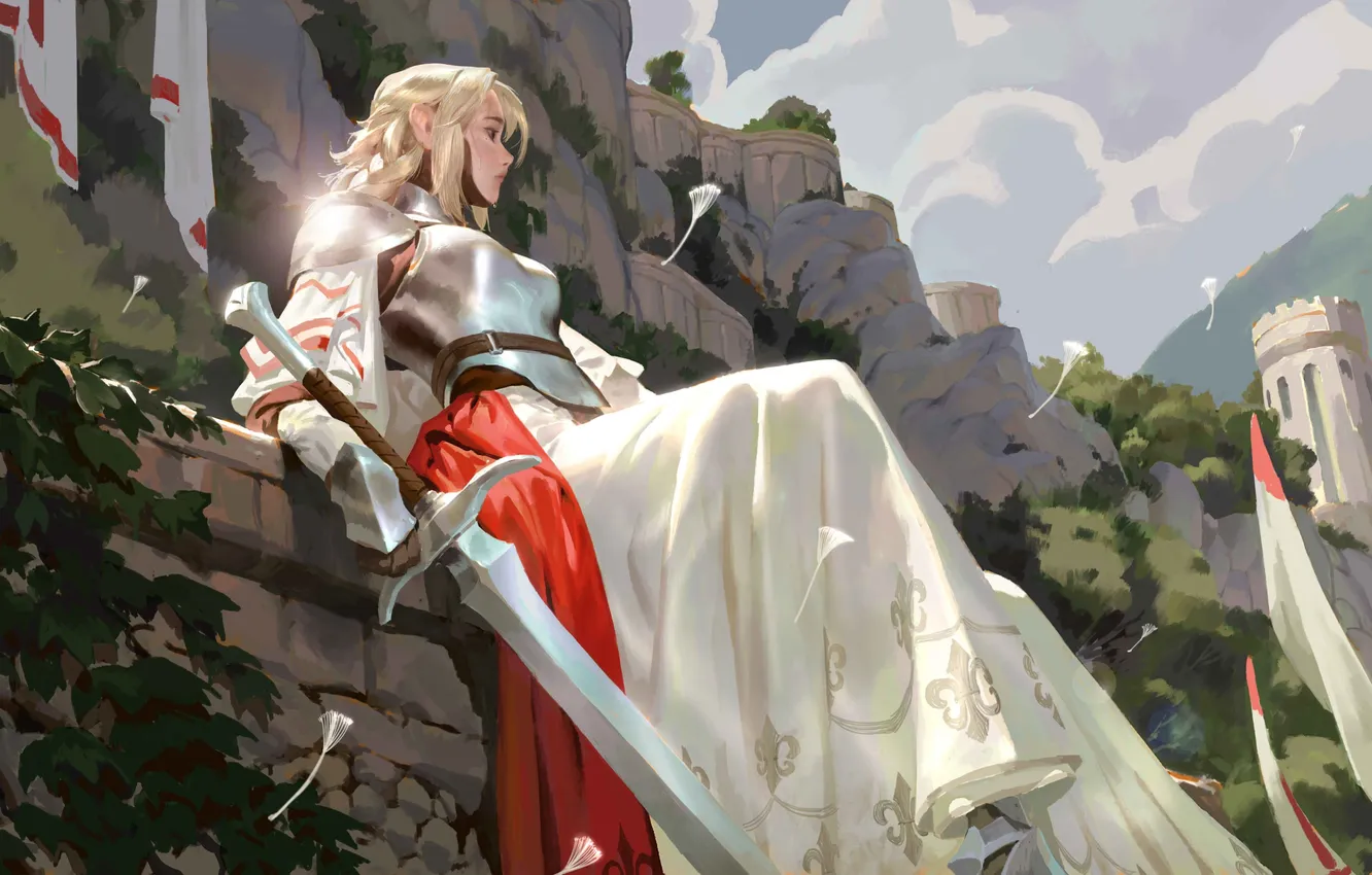 Photo wallpaper girl, sword, fantasy, tower, armor, castle, digital art, artwork