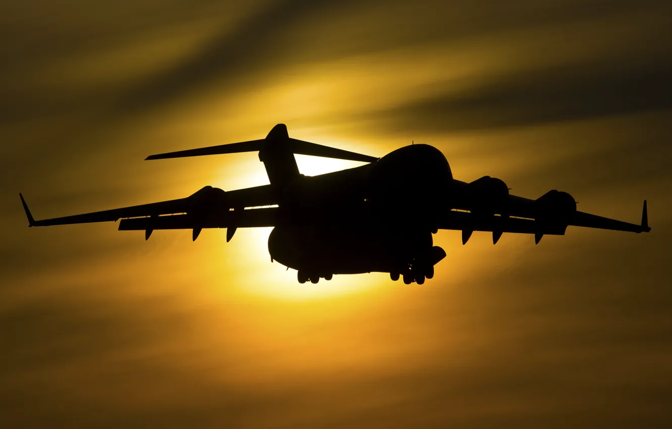 Photo wallpaper dawn, silhouette, Boeing, Globemaster III, C-17A