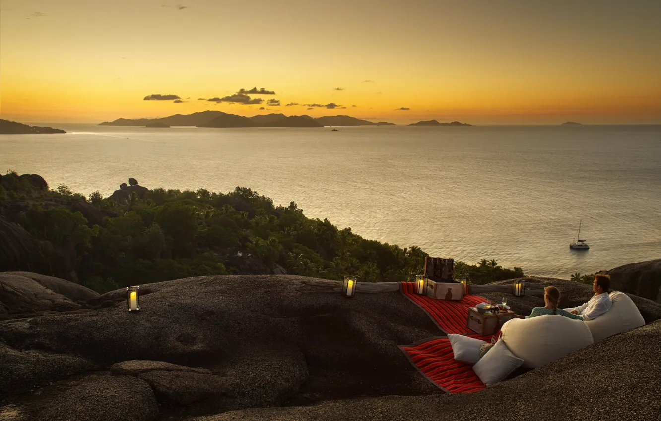 Photo wallpaper sea, the evening, two, sunset, cocktail, Six Senses