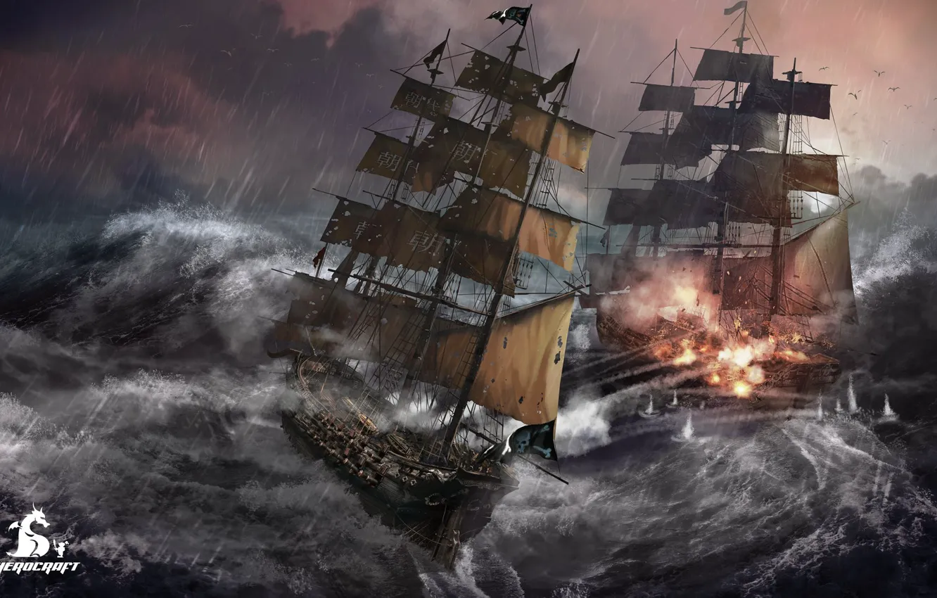Photo wallpaper wave, storm, ships, The Tempest, Herocraft