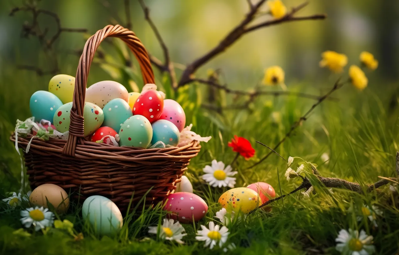 Photo wallpaper flowers, basket, glade, eggs, spring, colorful, Easter, happy