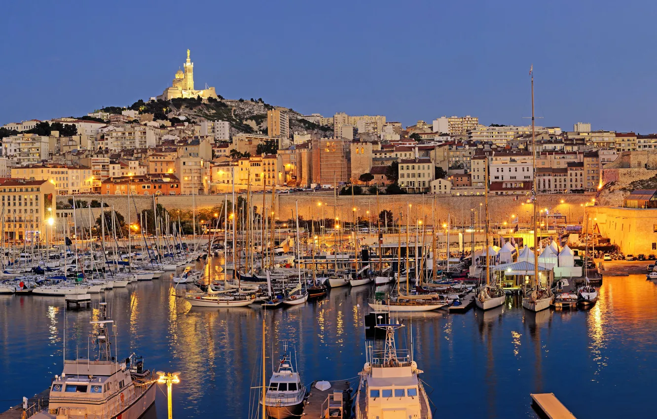 Photo wallpaper the city, boat, Marina, the evening, Marseille at night
