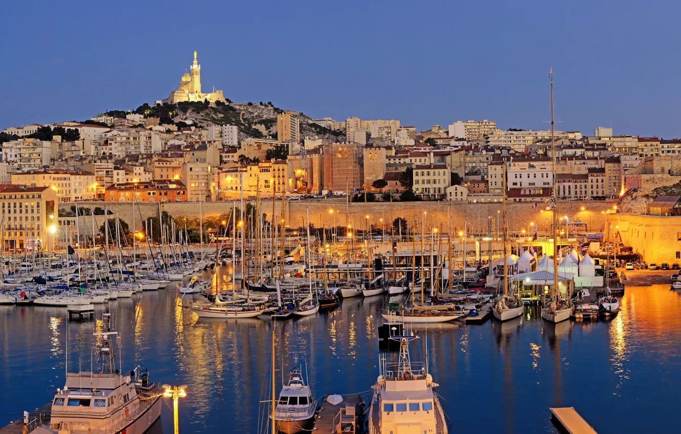 Photo wallpaper the city, Marina, boats, the evening, Marseille at night