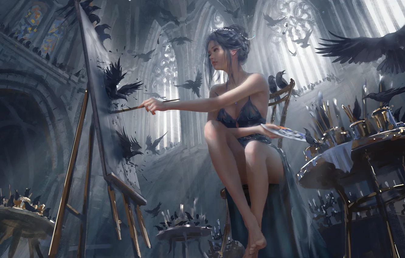 Photo wallpaper colors, girl, fantasy, legs, barefoot, birds, painting, brunette