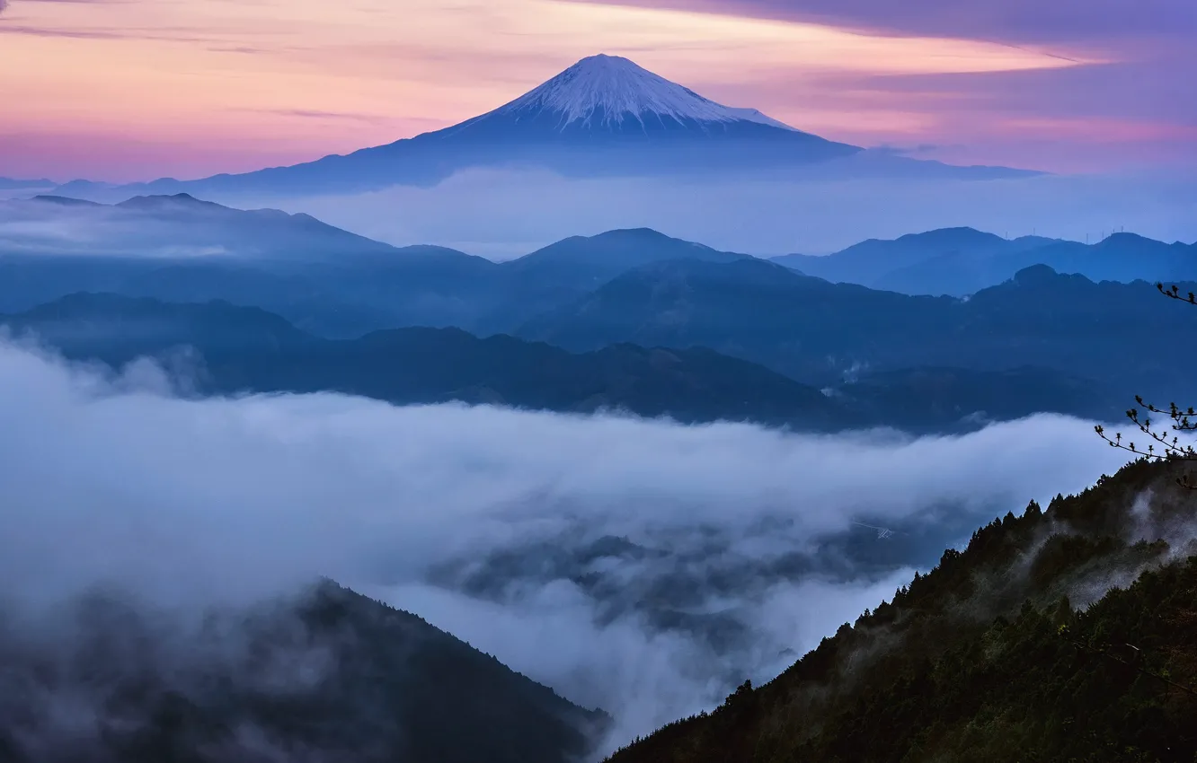 Photo wallpaper mountain, spring, morning, Japan, April, Fuji, stratovolcano, Mount Fuji