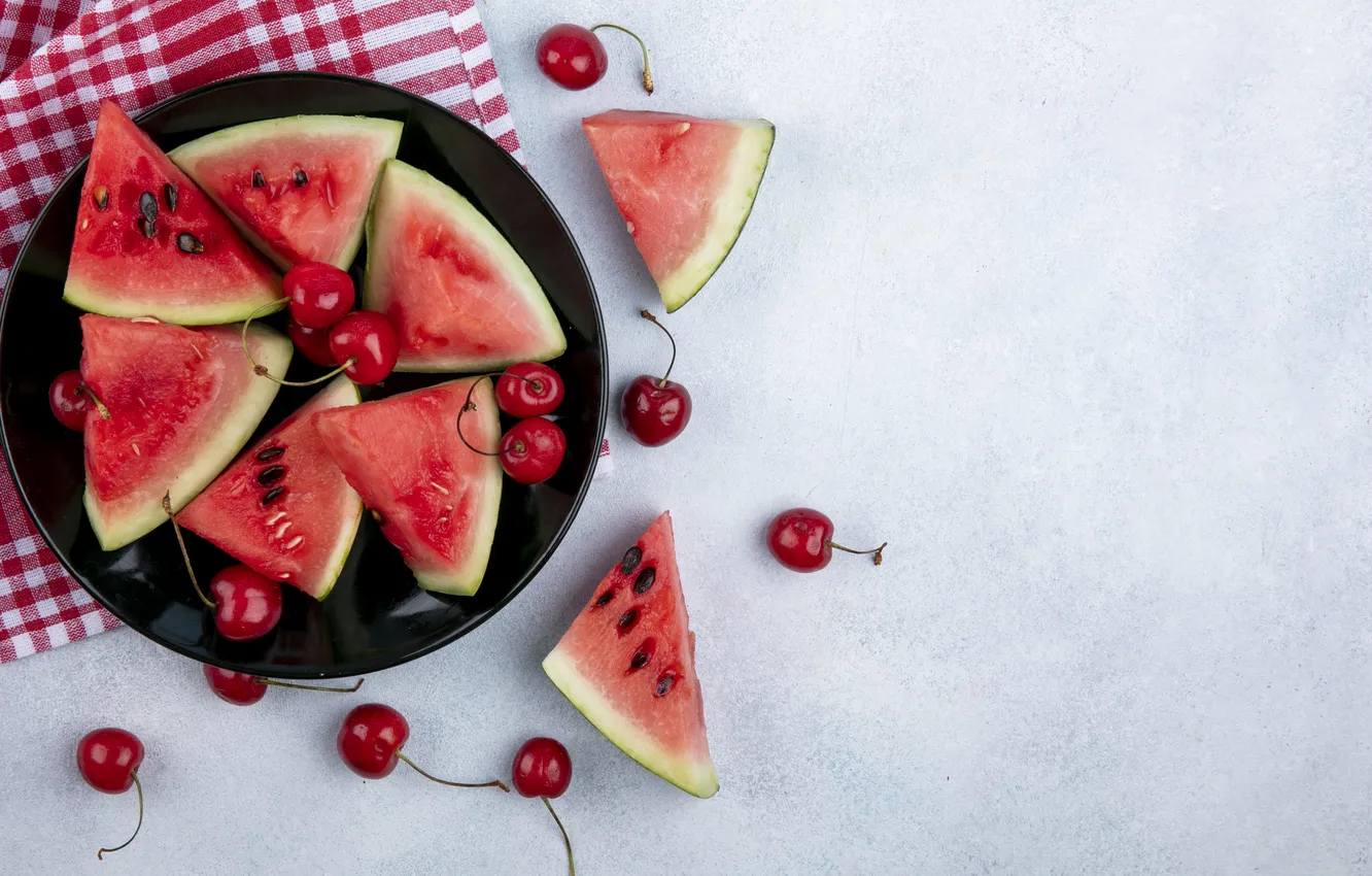 Photo wallpaper cherry, berries, towel, watermelon, plate, light background, cherry, slices