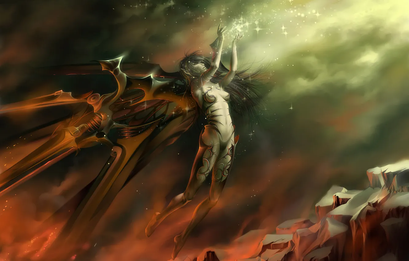 Photo wallpaper girl, rocks, magic, mechanism, wings, sparks, glow, elf