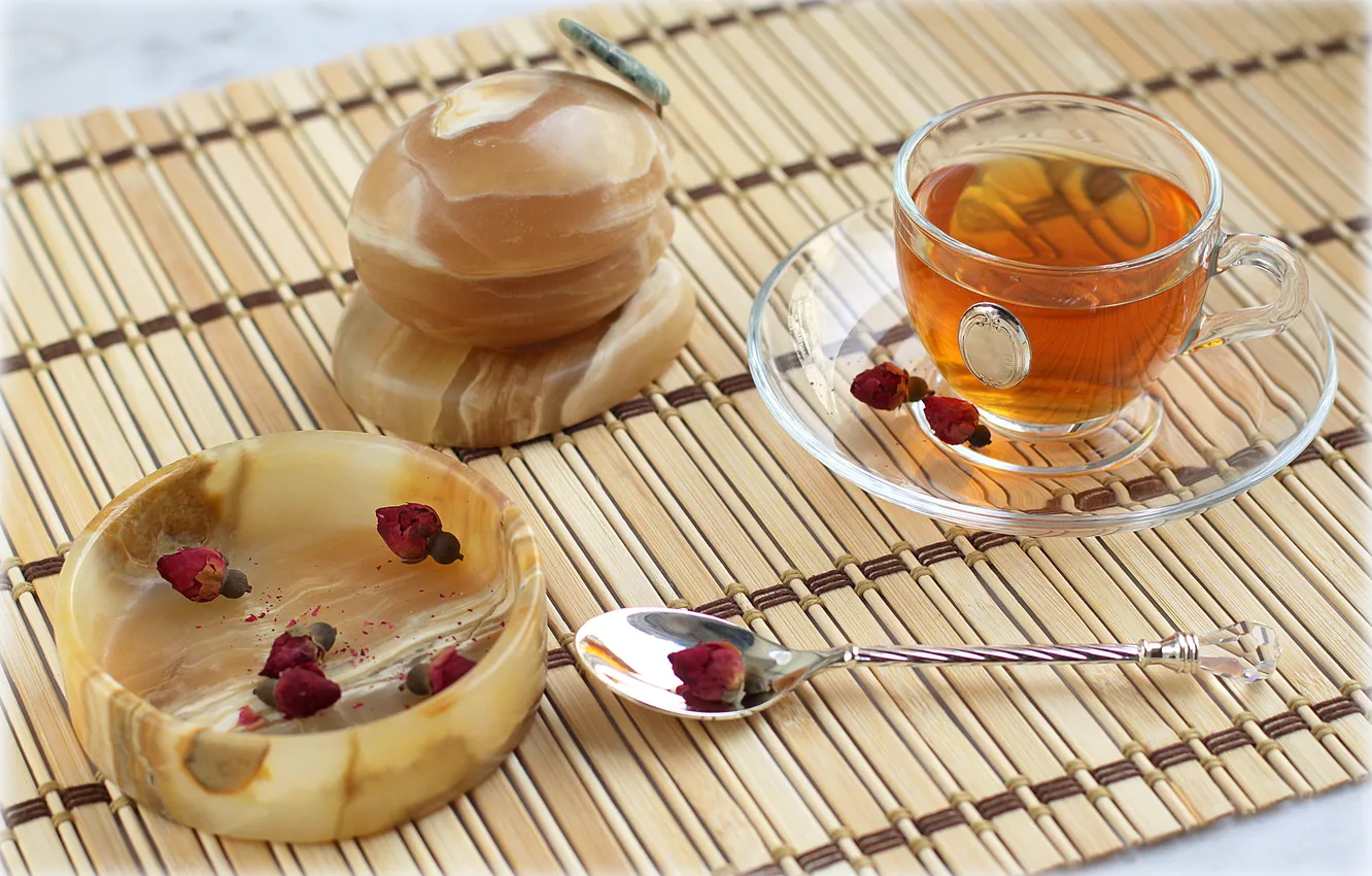 Photo wallpaper glass, tea, roses, spoon, Cup, buds