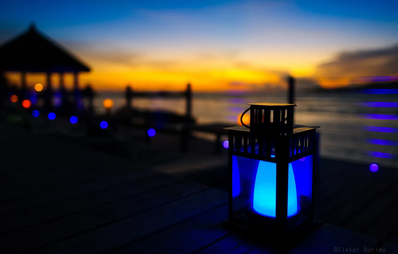 Photo wallpaper sunset, coast, lights, twilight, Bungalow