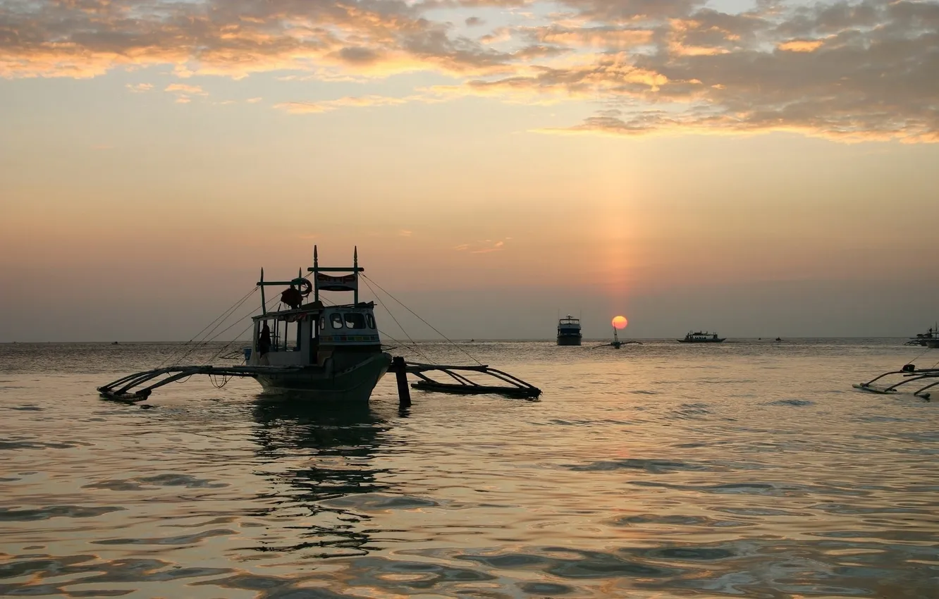 Photo wallpaper the sky, water, the sun, clouds, sunset, photo, the ocean, boat