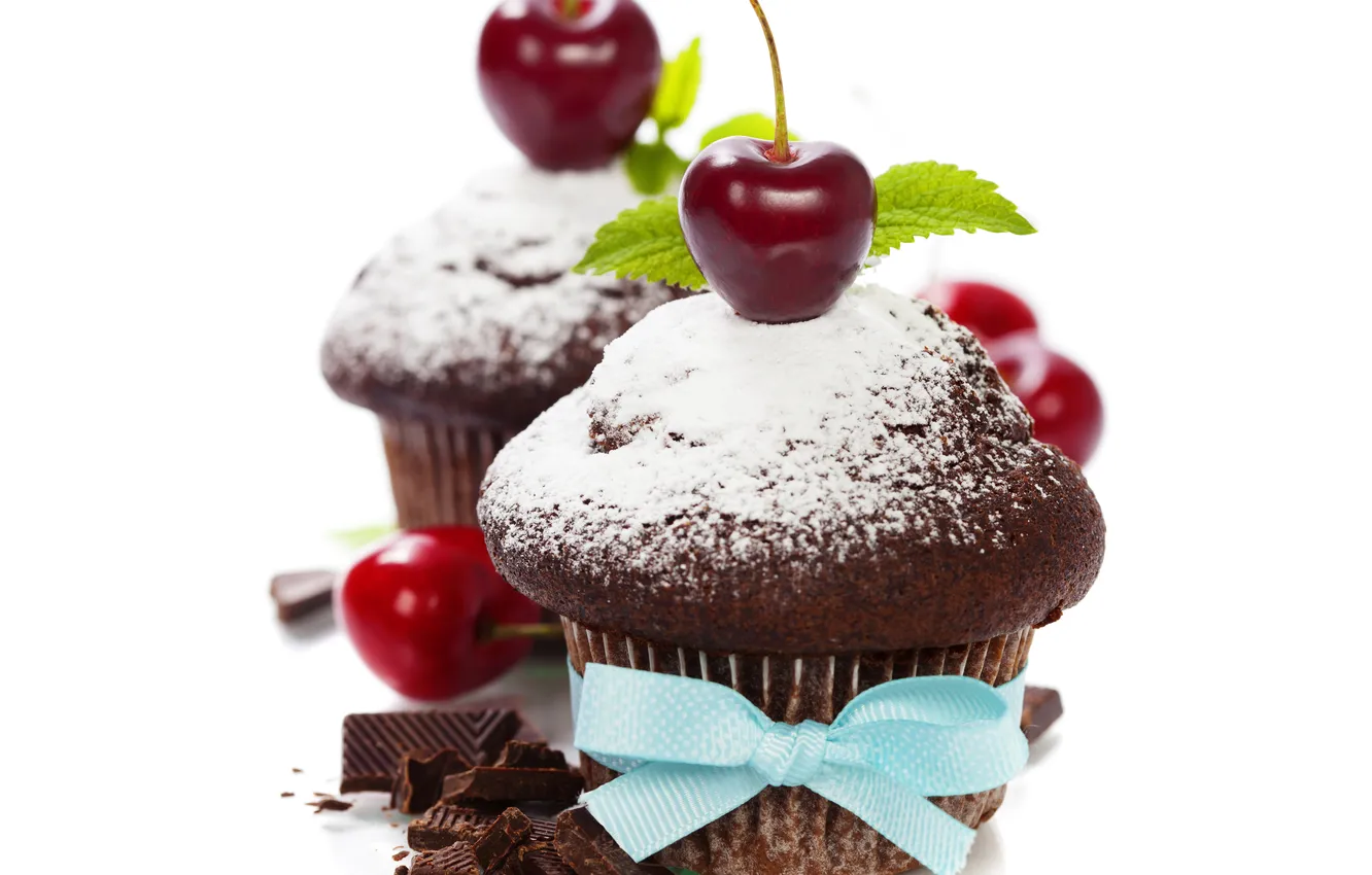 Photo wallpaper cherry, berries, chocolate, bow, cherry, cupcakes, muffin