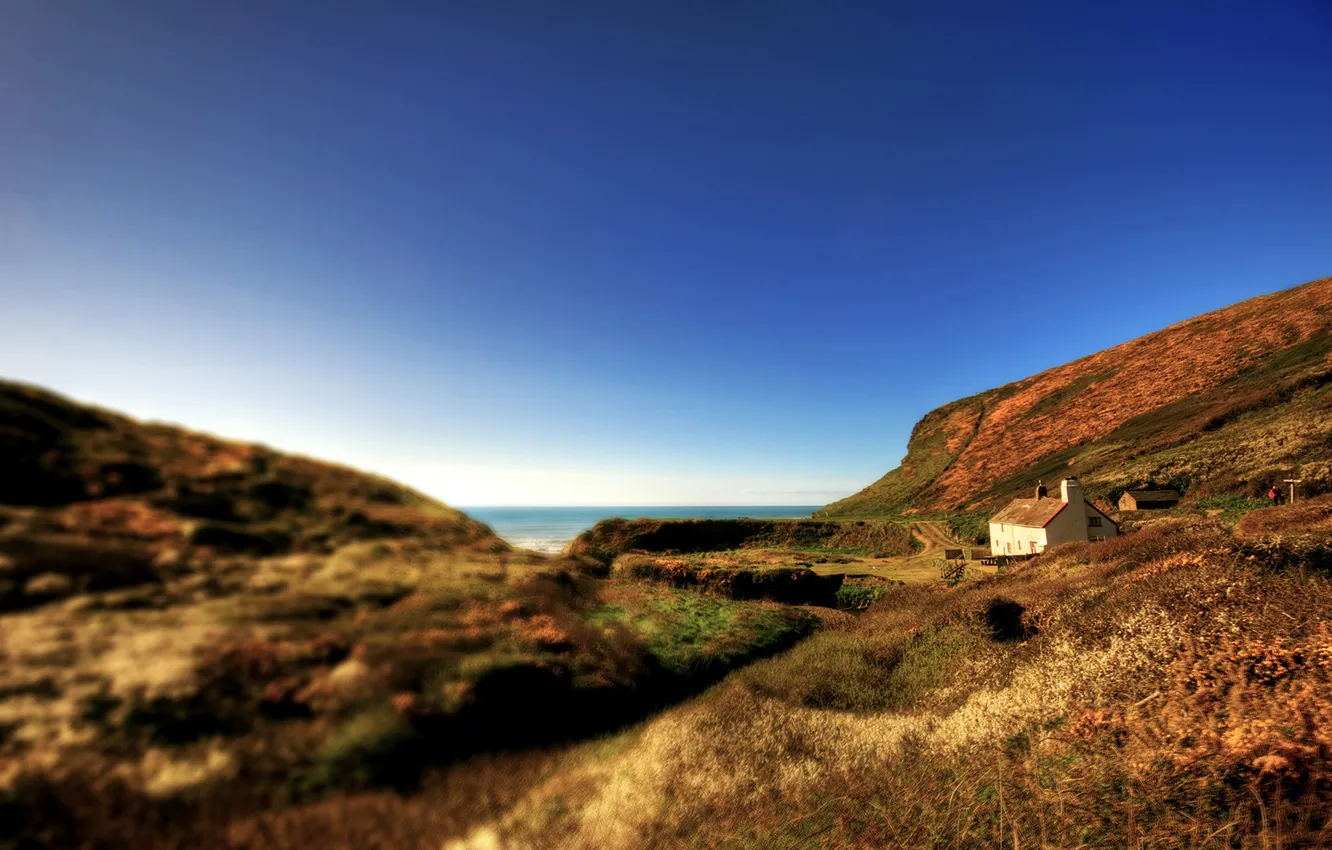 Photo wallpaper sea, the sky, grass, water, landscape, mountains, nature, photo