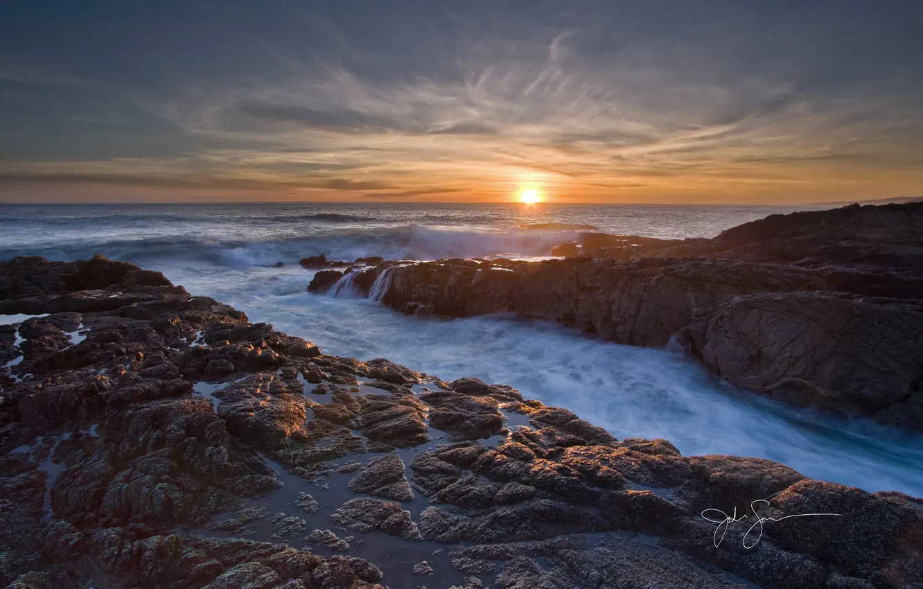 Photo wallpaper sand, sea, wave, water, sunset, nature, stream, stones