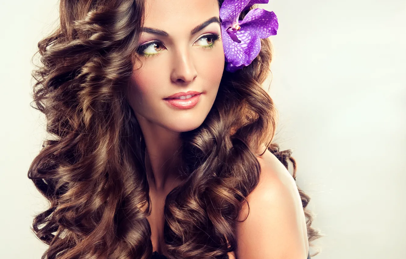 Photo wallpaper look, girl, flowers, smile, model, hair, makeup, curls