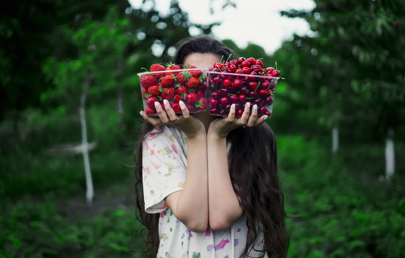 Photo wallpaper berries, hands, nature, girl, cherry, strawberry
