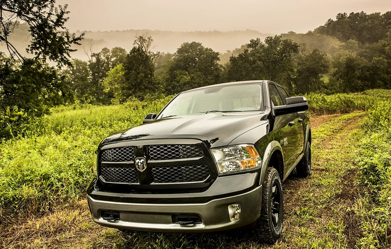 Photo wallpaper Dodge, black, road, truck, 1500, Ram, vegetation, hemi