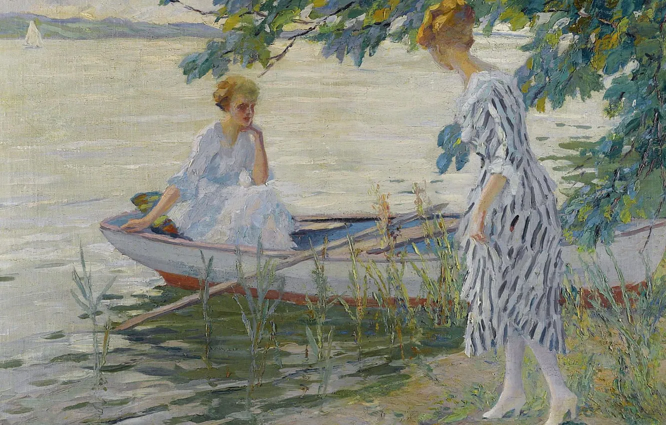 Photo wallpaper girl, boat, picture, on the shore, Edward Cucuel, Edward Cucuel