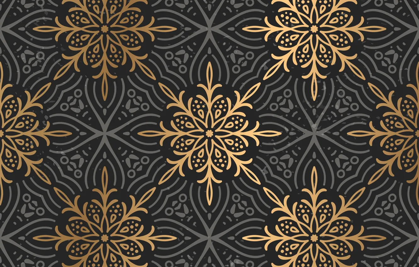 Photo wallpaper grey, gold, black background, pattern, Gold, Floral, Ornament