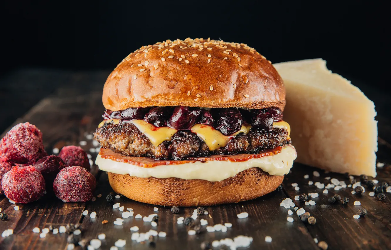 Photo wallpaper berries, cheese, hamburger