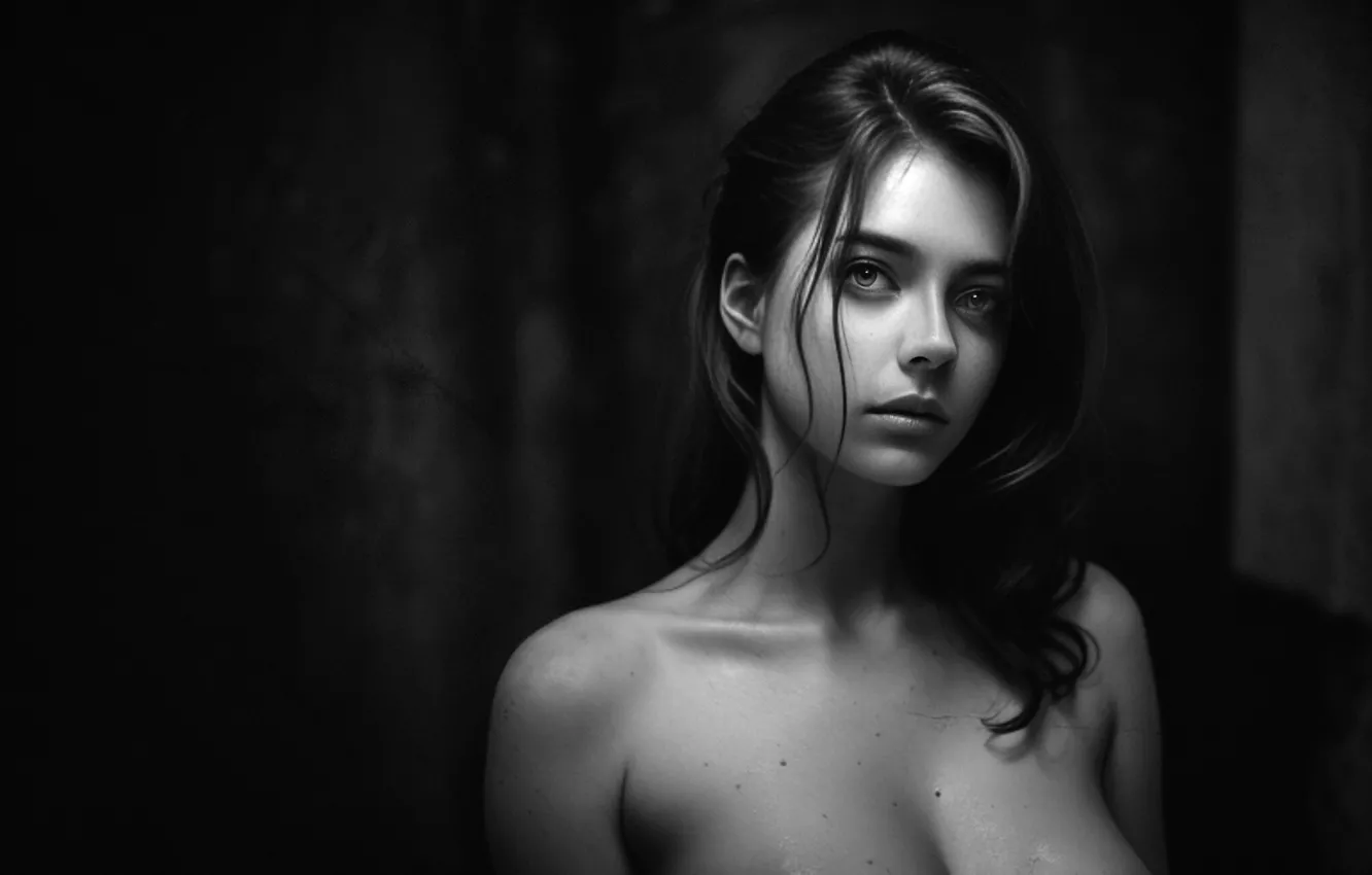 Photo wallpaper look, girl, face, image, monochrome, black and white photo, digital art, AI art