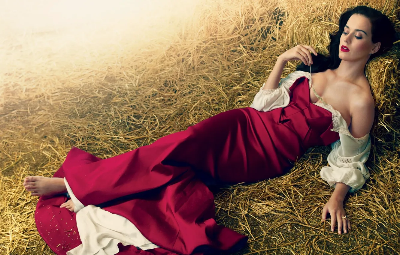 Photo wallpaper girl, dress, brunette, spikelets, hay, Katy Perry, Katy Perry, singer
