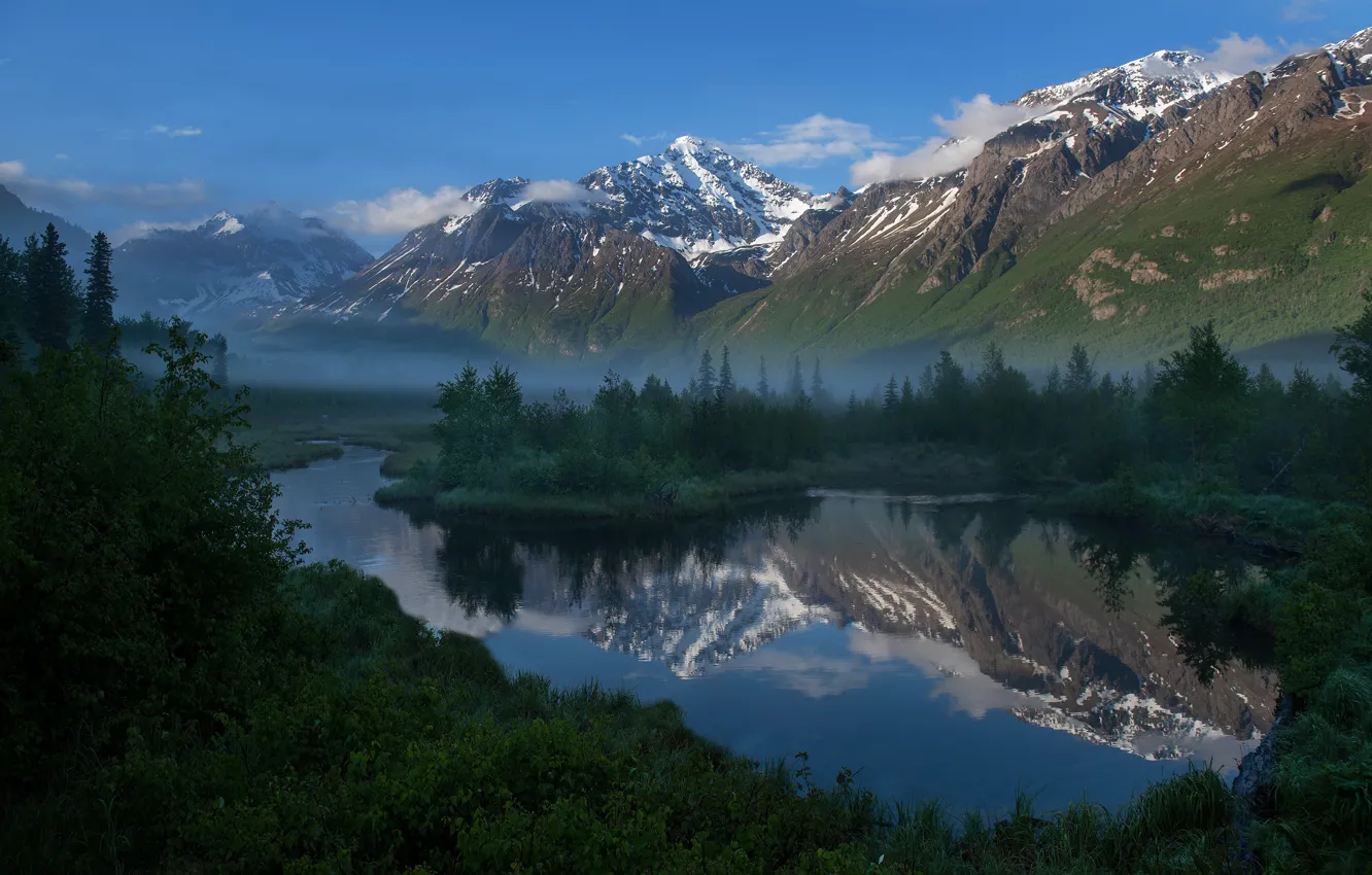 Photo wallpaper forest, mountains, river, Alaska