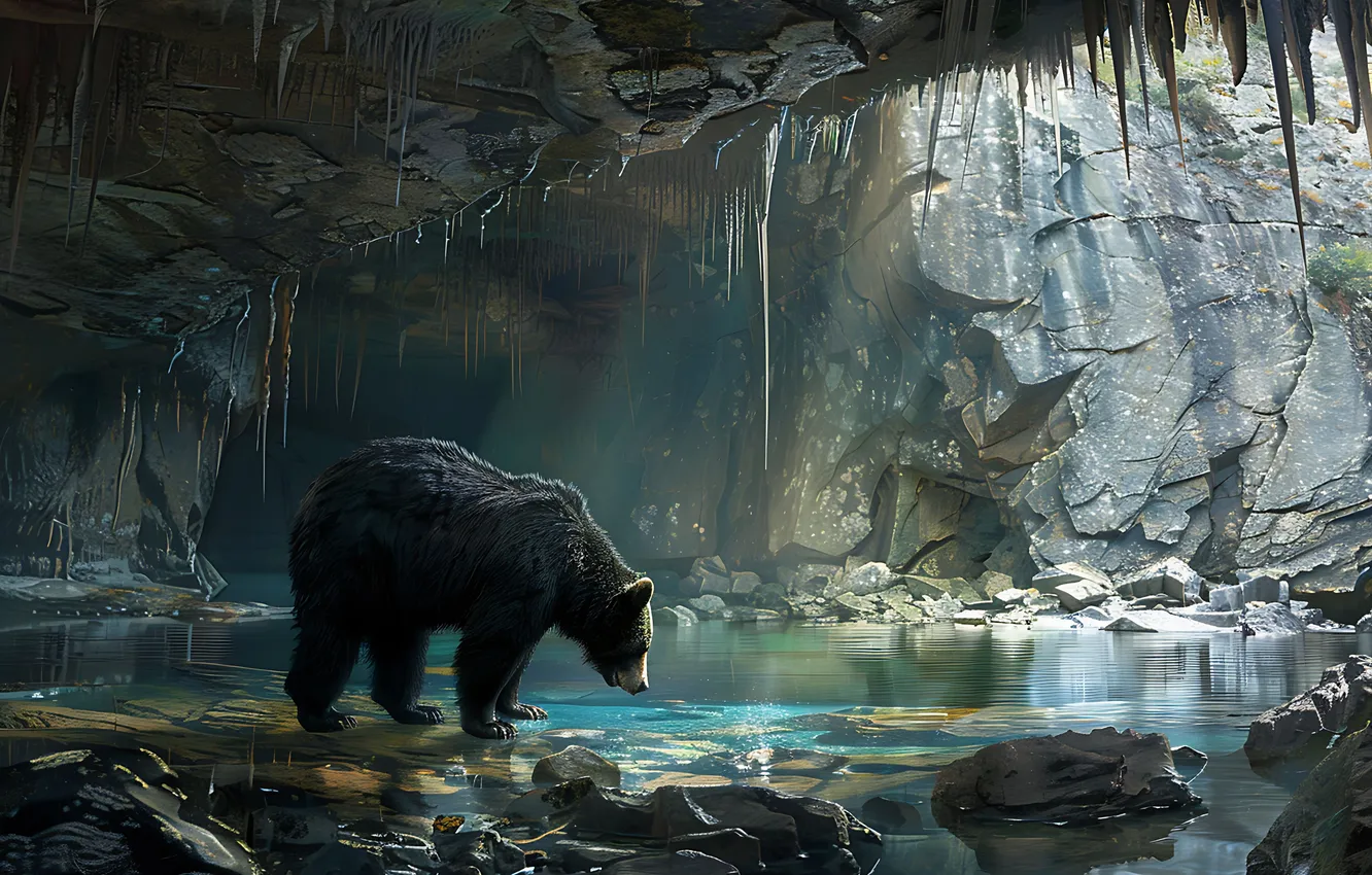 Photo wallpaper water, predator, bear, the grotto, digital art, Black bear, AI art, The Art of Artificial …