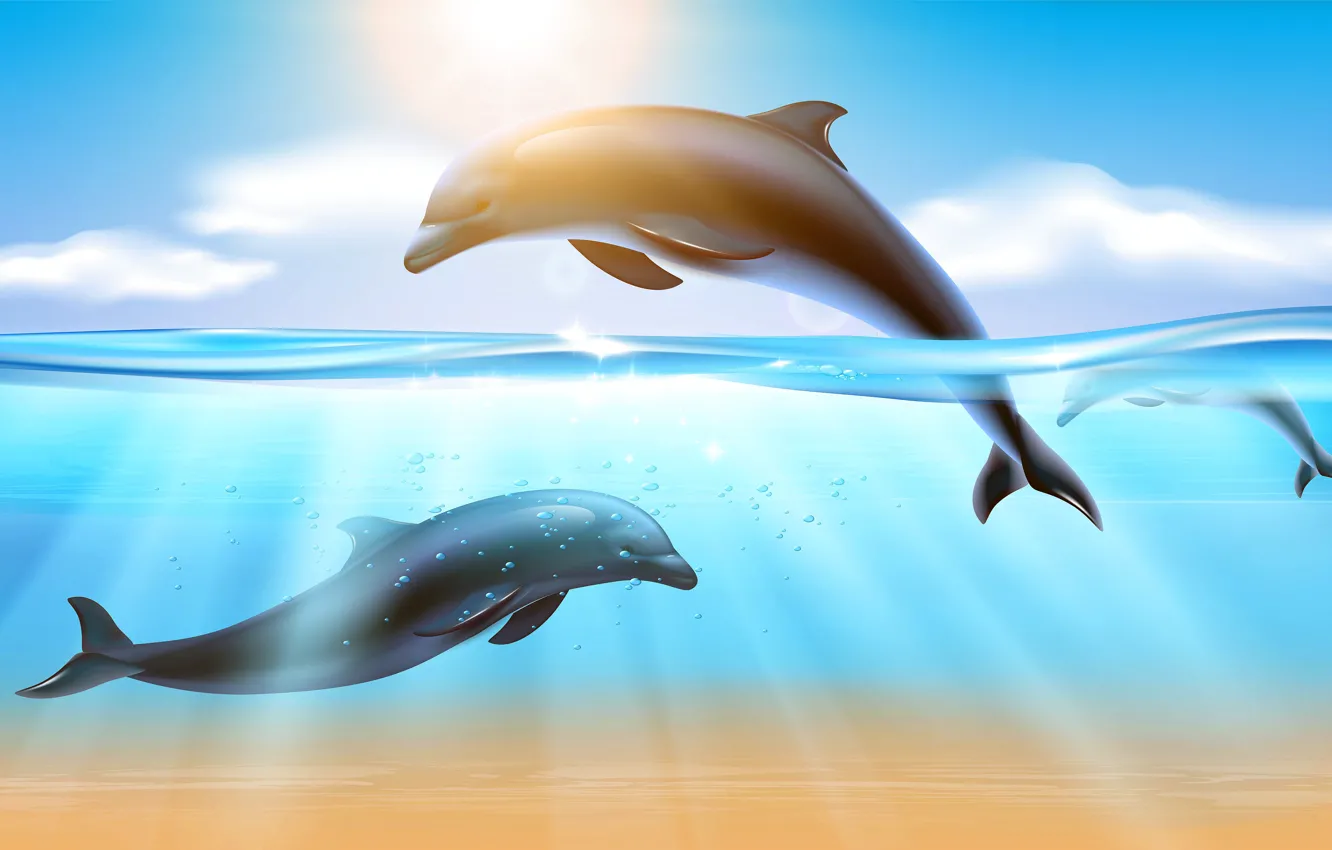 Photo wallpaper sea, water, dolphins, underwater world, rays of light, sunlight, seascape, vector graphics