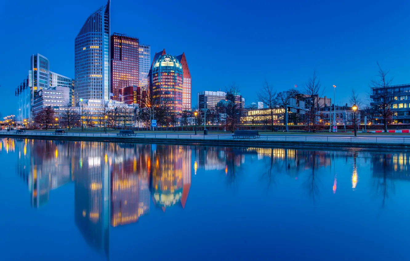 Photo wallpaper water, reflection, river, home, the evening, Netherlands, promenade, The Hague
