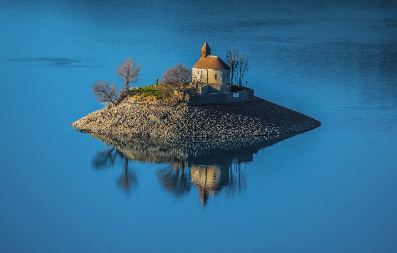 Photo wallpaper lake, France, island, chapel