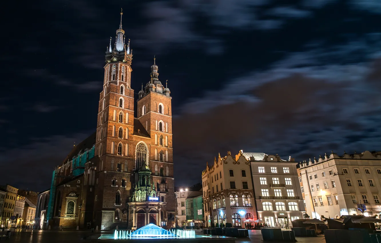 Photo wallpaper night, Poland, fountain, Poland, Krakow, fountains, Krakow