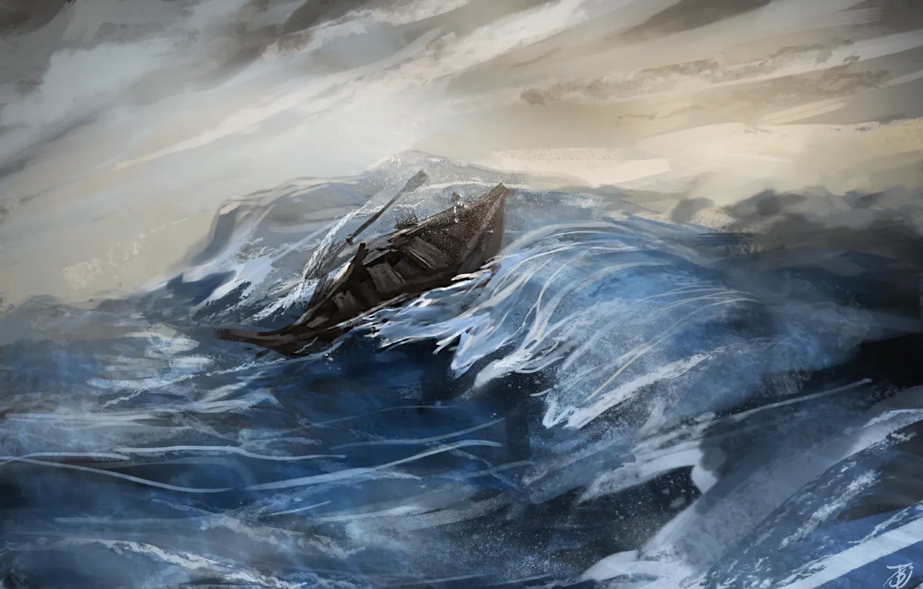 Photo wallpaper sea, wave, the wreckage, storm, boat, figure