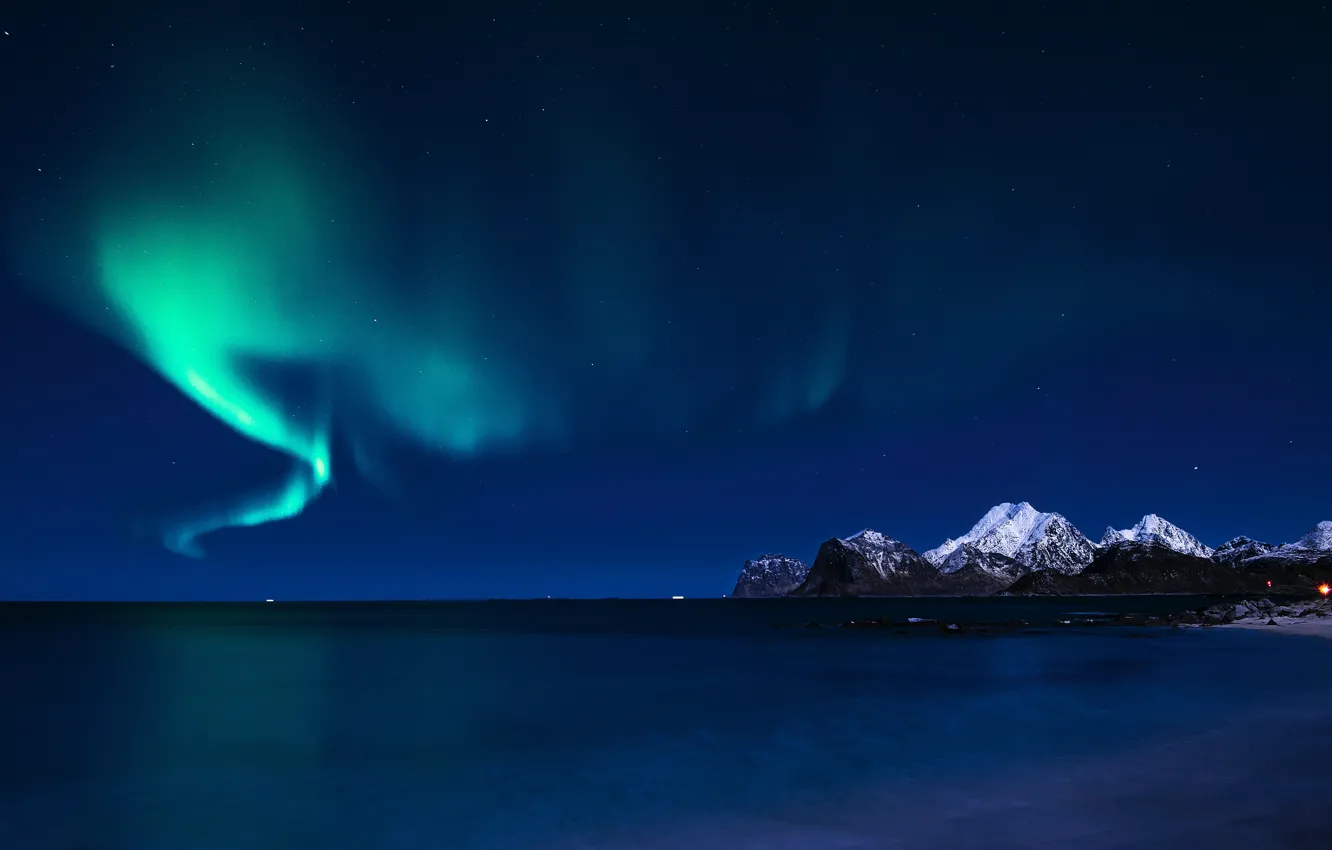 Photo wallpaper sea, snow, mountains, night, lights, lights, Northern lights, sea