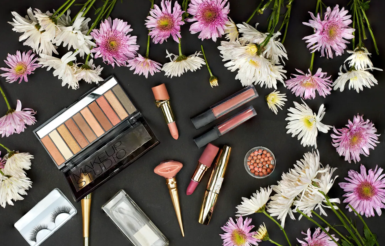 Photo wallpaper flowers, table, shadows, chrysanthemum, cosmetics, lipstick