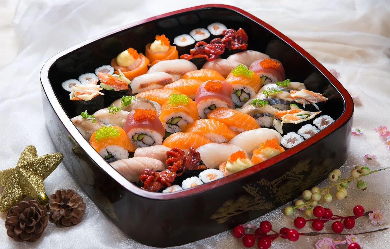 Photo wallpaper fish, caviar, sushi, rolls, seafood