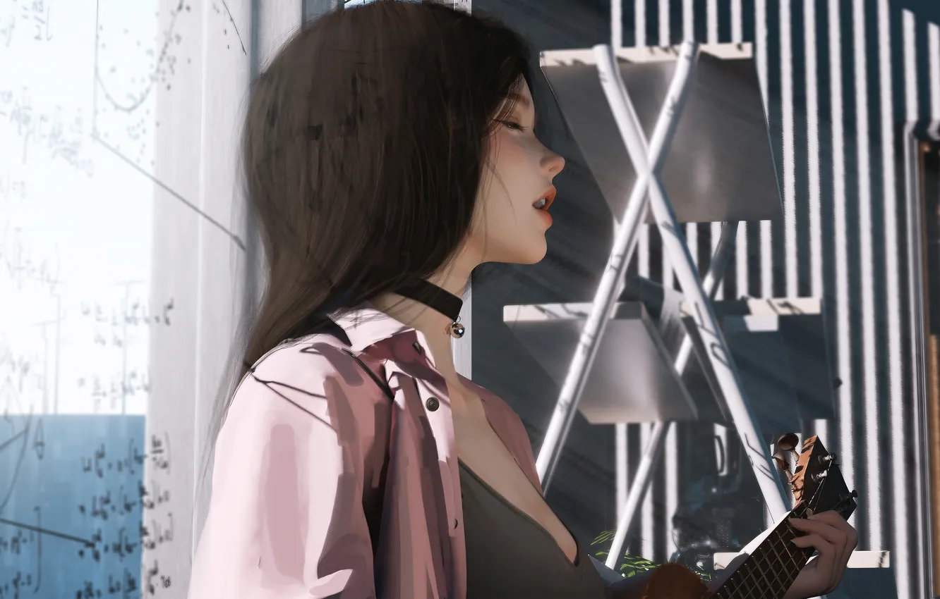 Photo wallpaper girl, guitar, plays, sings, Wlop