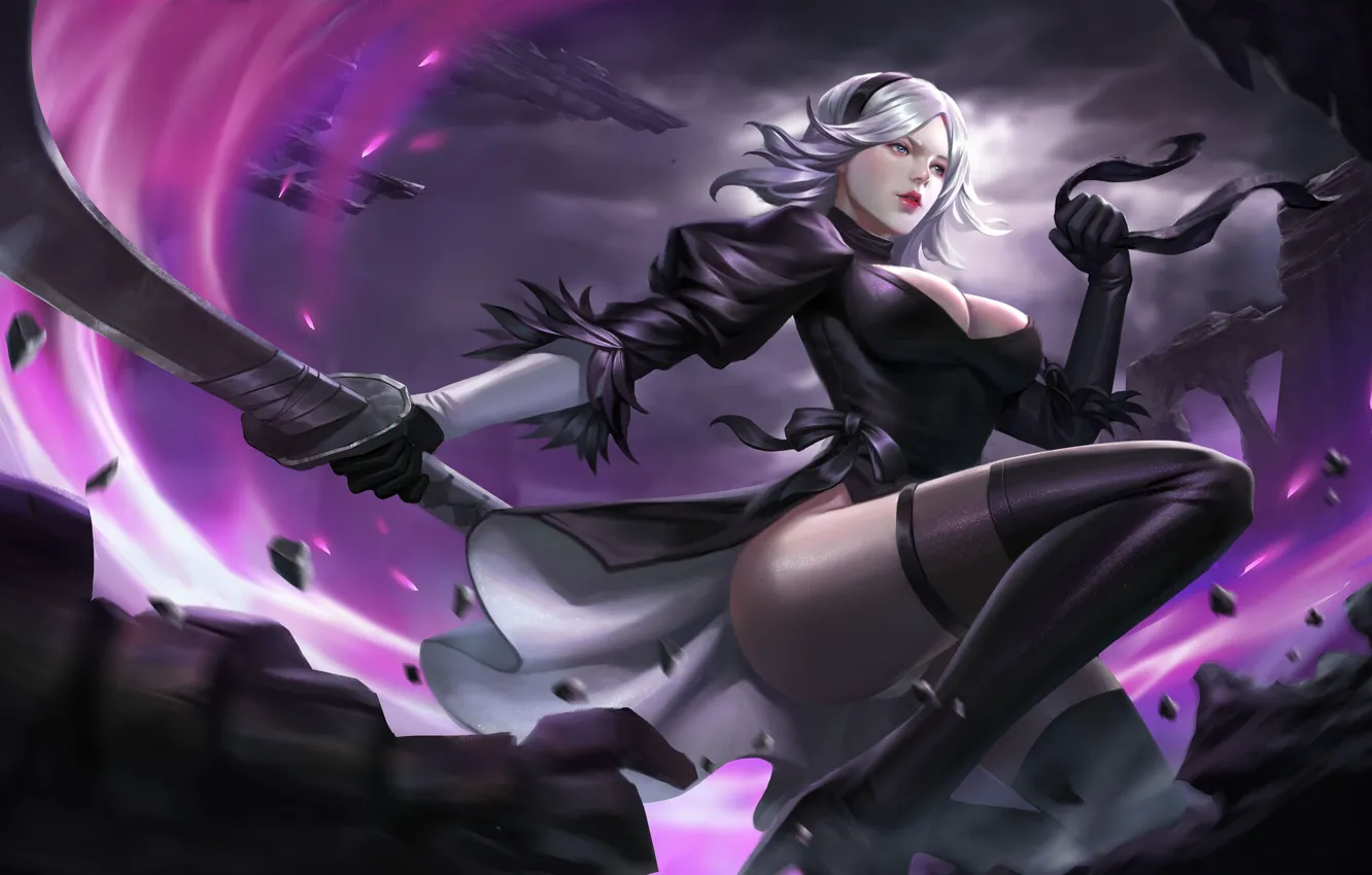 Photo wallpaper girl, the city, figure, sword, art, Android, nier, Illustration