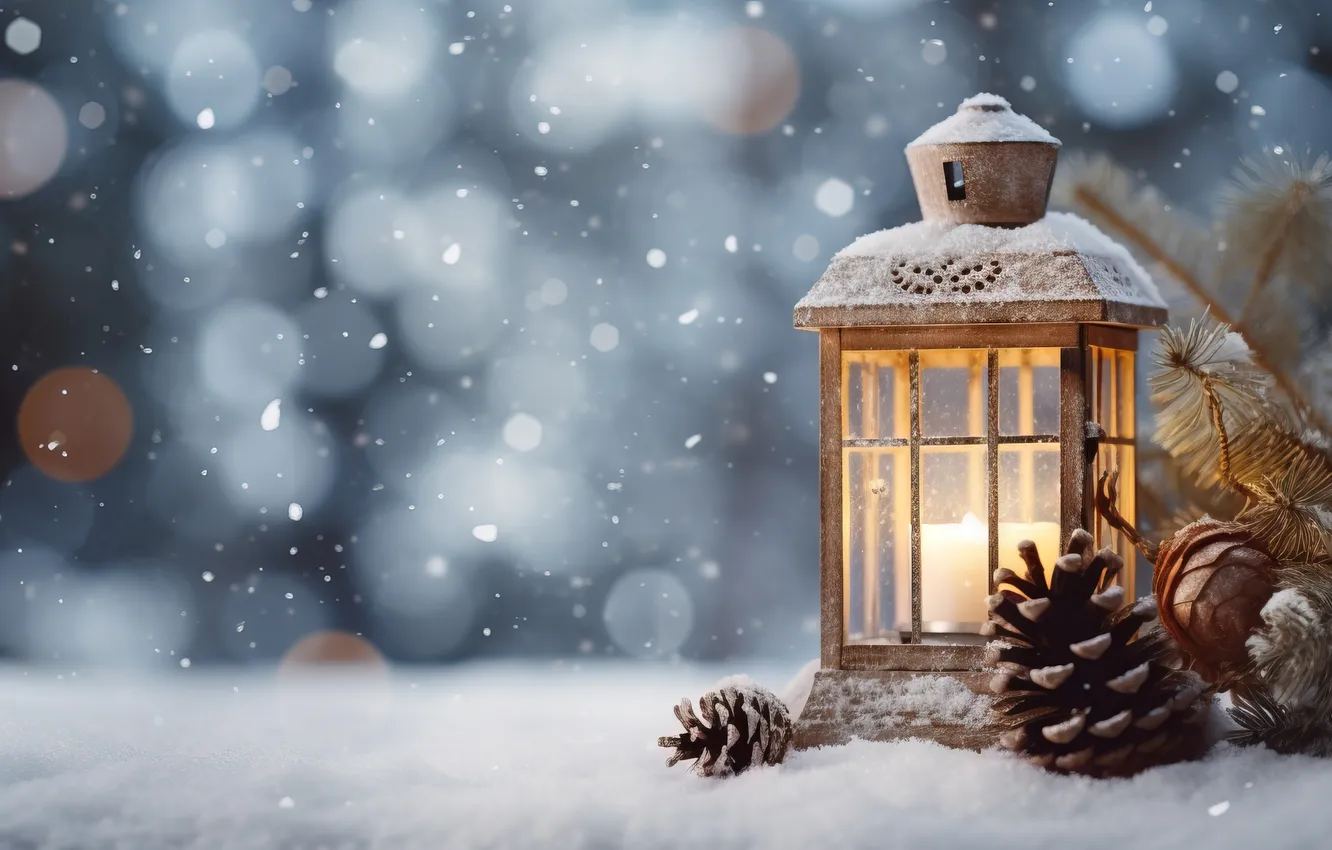 Photo wallpaper winter, snow, night, new year, Christmas, lights, Christmas, night
