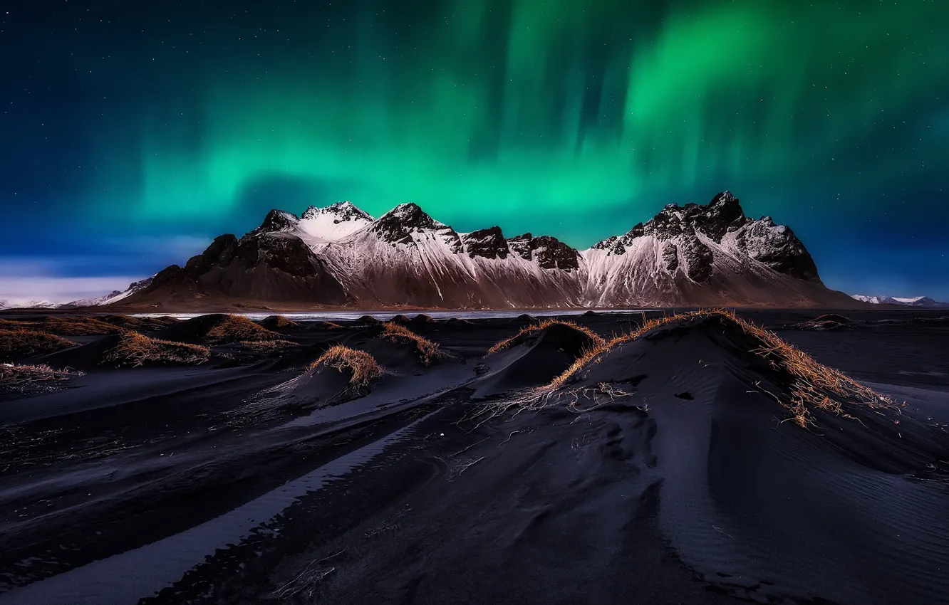 Photo wallpaper beach, the sky, stars, mountains, night, Northern lights, Iceland, the fjord