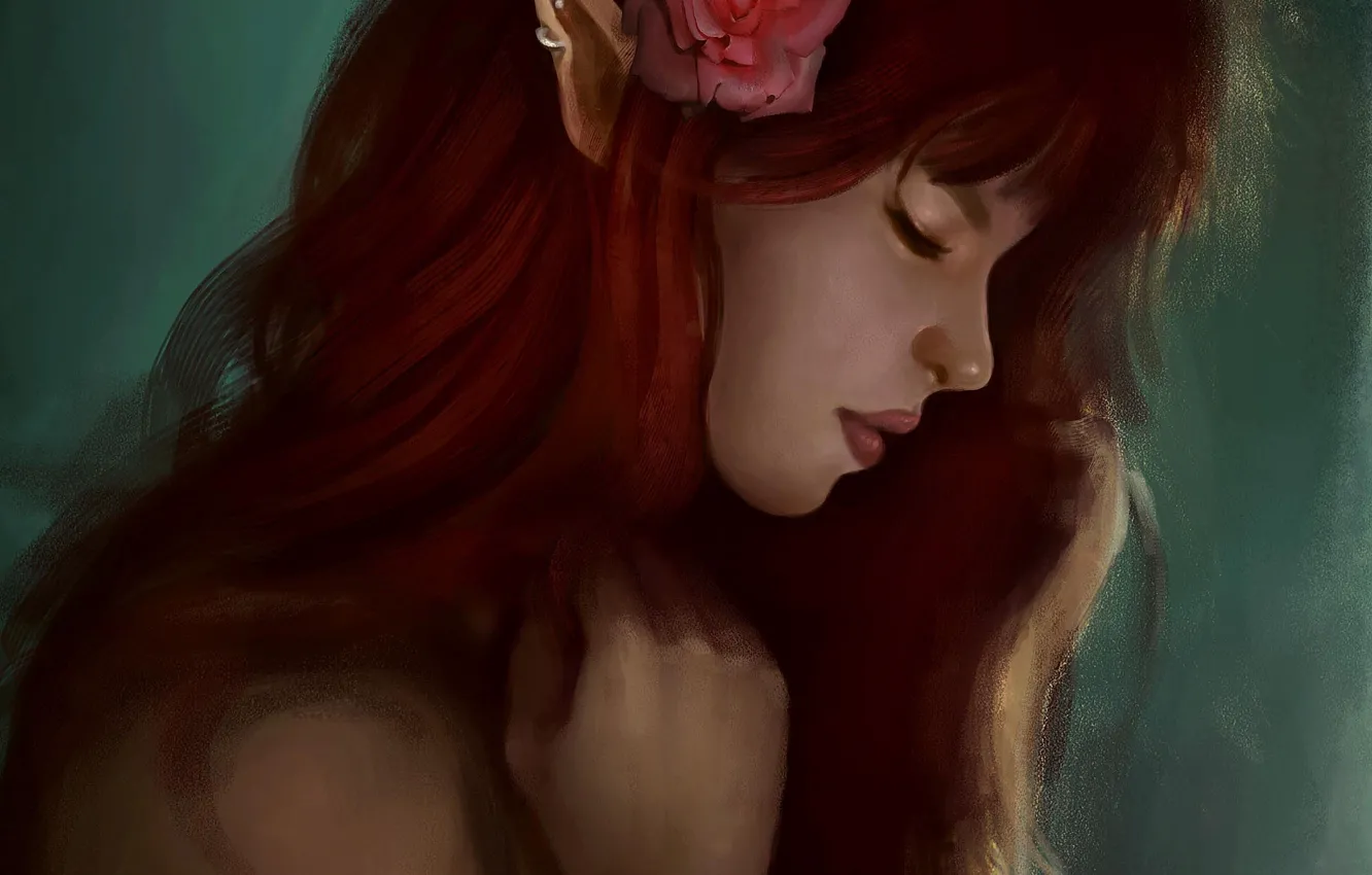 Photo wallpaper flower, girl, elf, rose, art, profile, red, elf