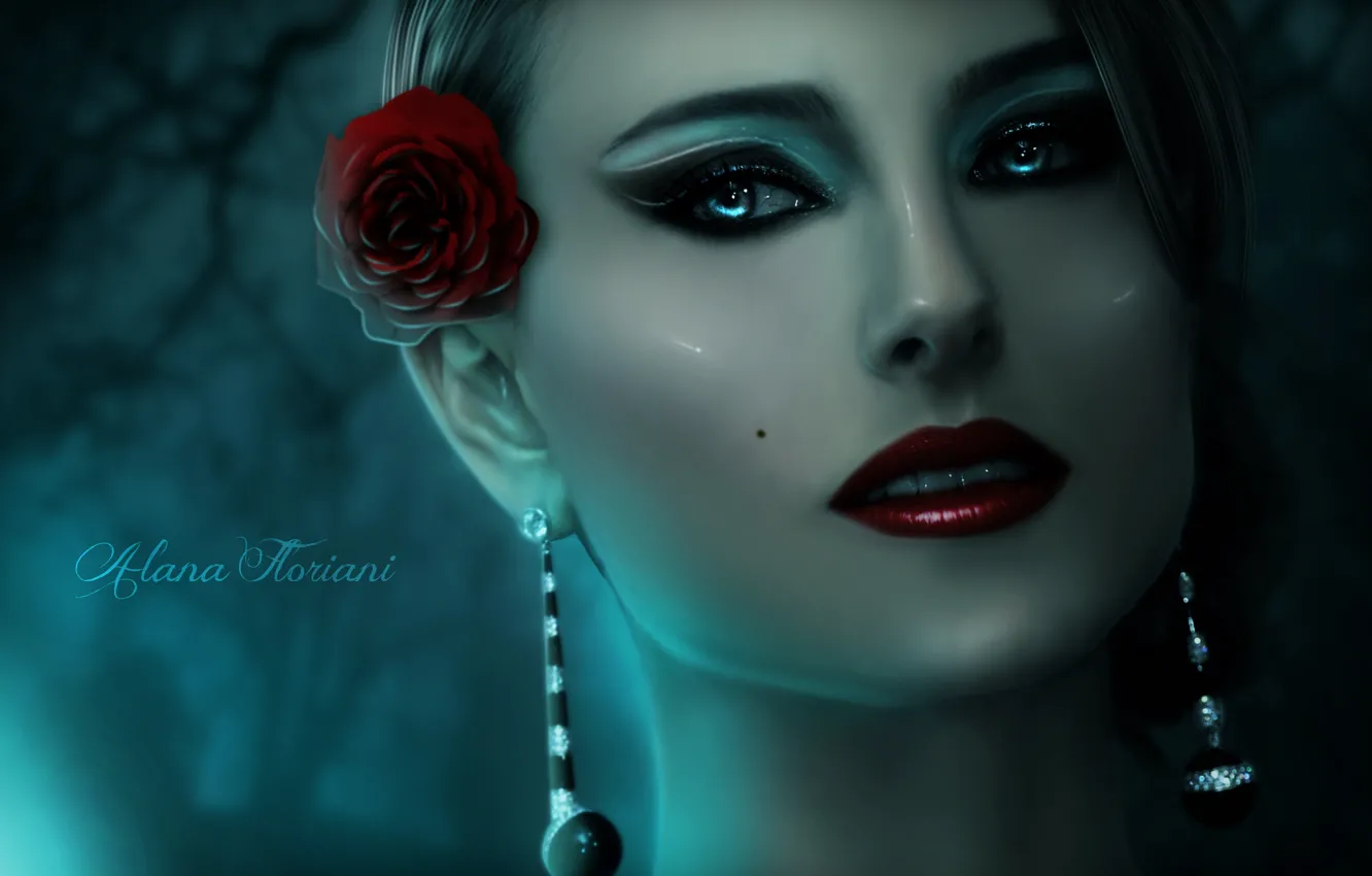 Photo wallpaper look, girl, flowers, face, roses, doll, makeup, art