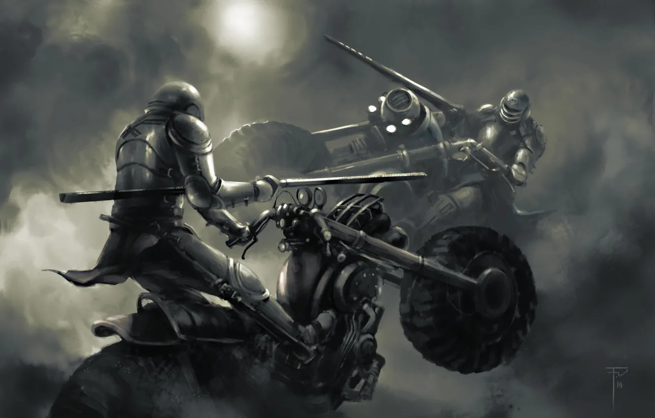 Photo wallpaper art, motorcycle, haze, knight, peak, the fight