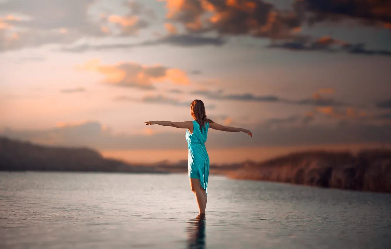 Photo wallpaper girl, sunset, nature