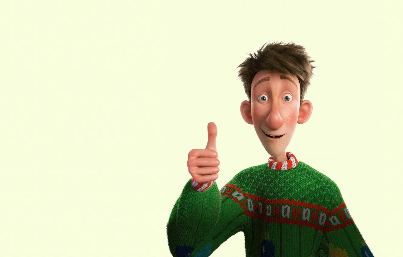 Photo wallpaper smile, cartoon, gesture, green sweater, all okay, The secret service of Santa Claus, Arthur Christmas